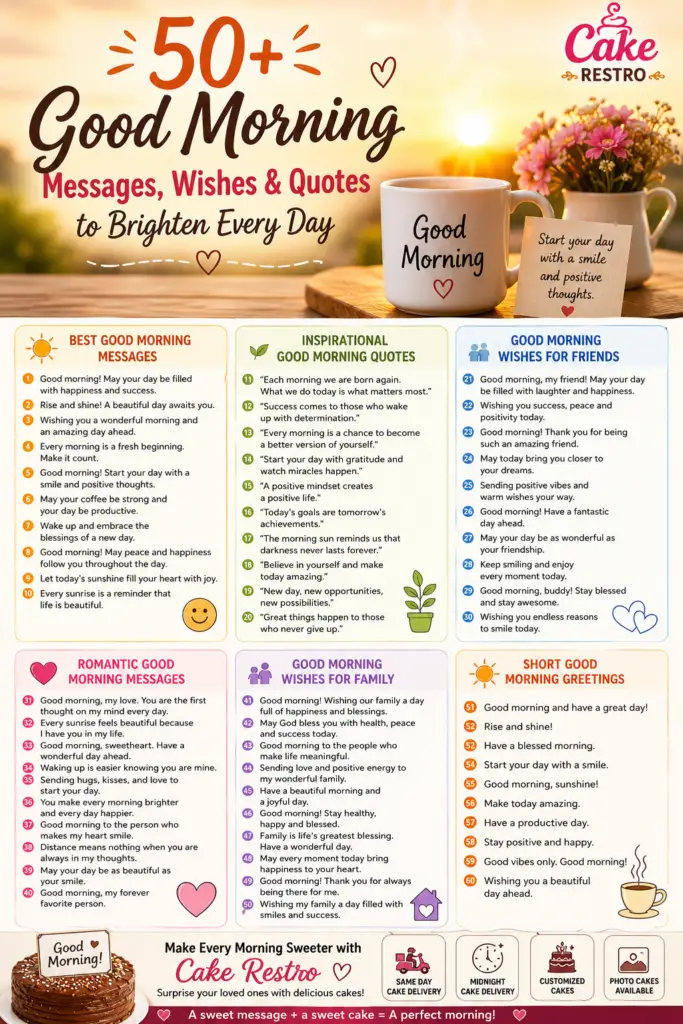 Discover 50+ beautiful good morning messages, wishes, quotes, and greetings to share with friends, family, and loved ones. Perfect for WhatsApp, Facebook, Instagram, and daily inspiration.